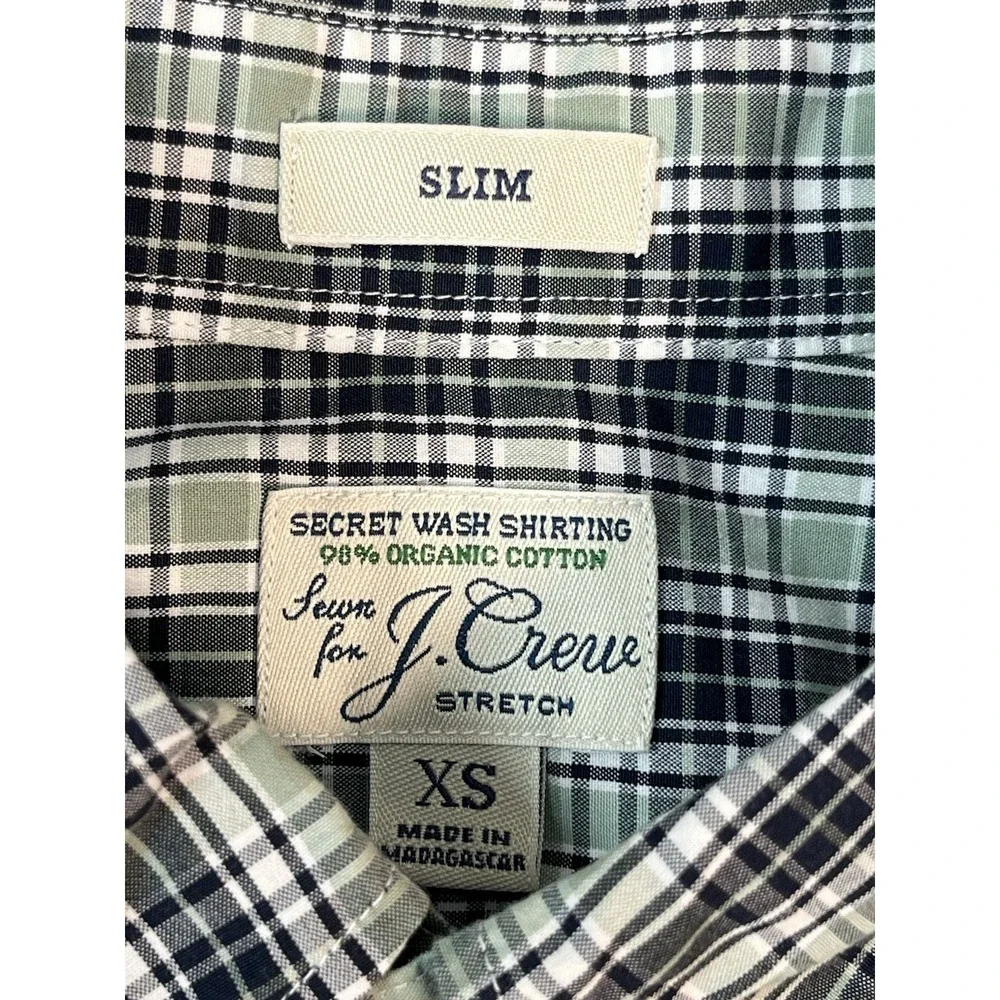 J.Crew Secret Wash Button Shirt Men XS Organic Cotton Slim Green Blue Plaid‎ New
